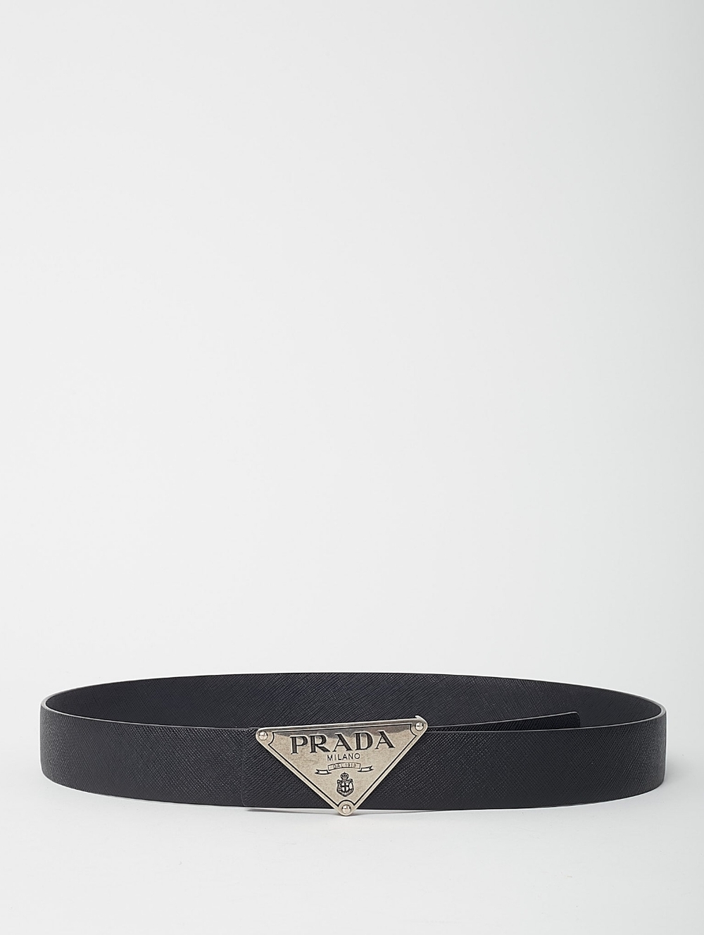 Prada Black Saffiano Leather Belt with Silver Triangle Logo